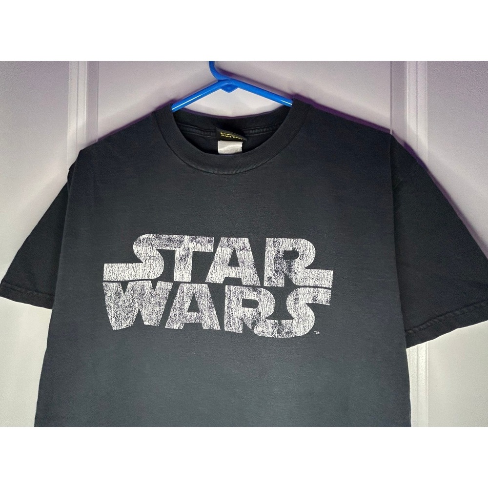 Vintage Y2k Star Wars Graphic Spell Out Black T-Shirt Size Men's Medium